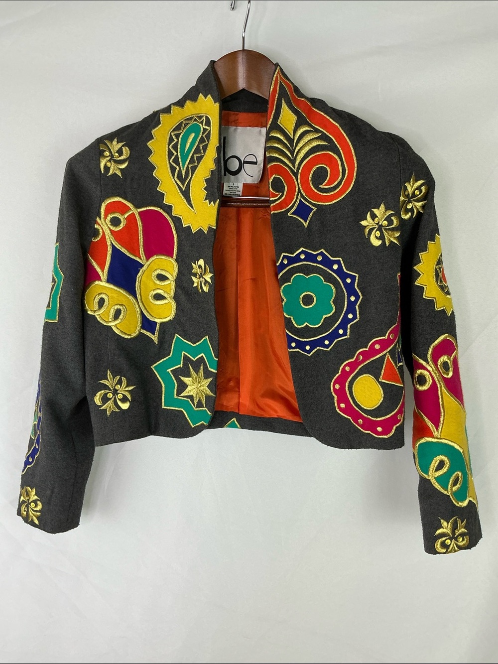 Vintage 1980s IBE Dark Grey Cropped Multicolored Embroidered Jacket Size 6